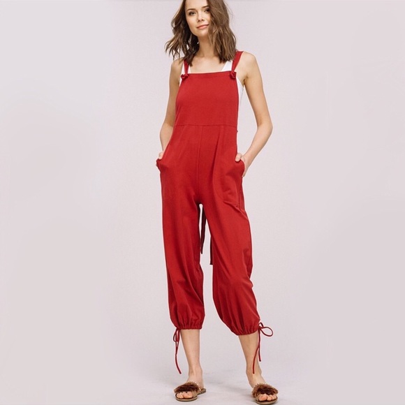NEW! Red Culotte Overalls, Tie Back - Picture 3 of 8